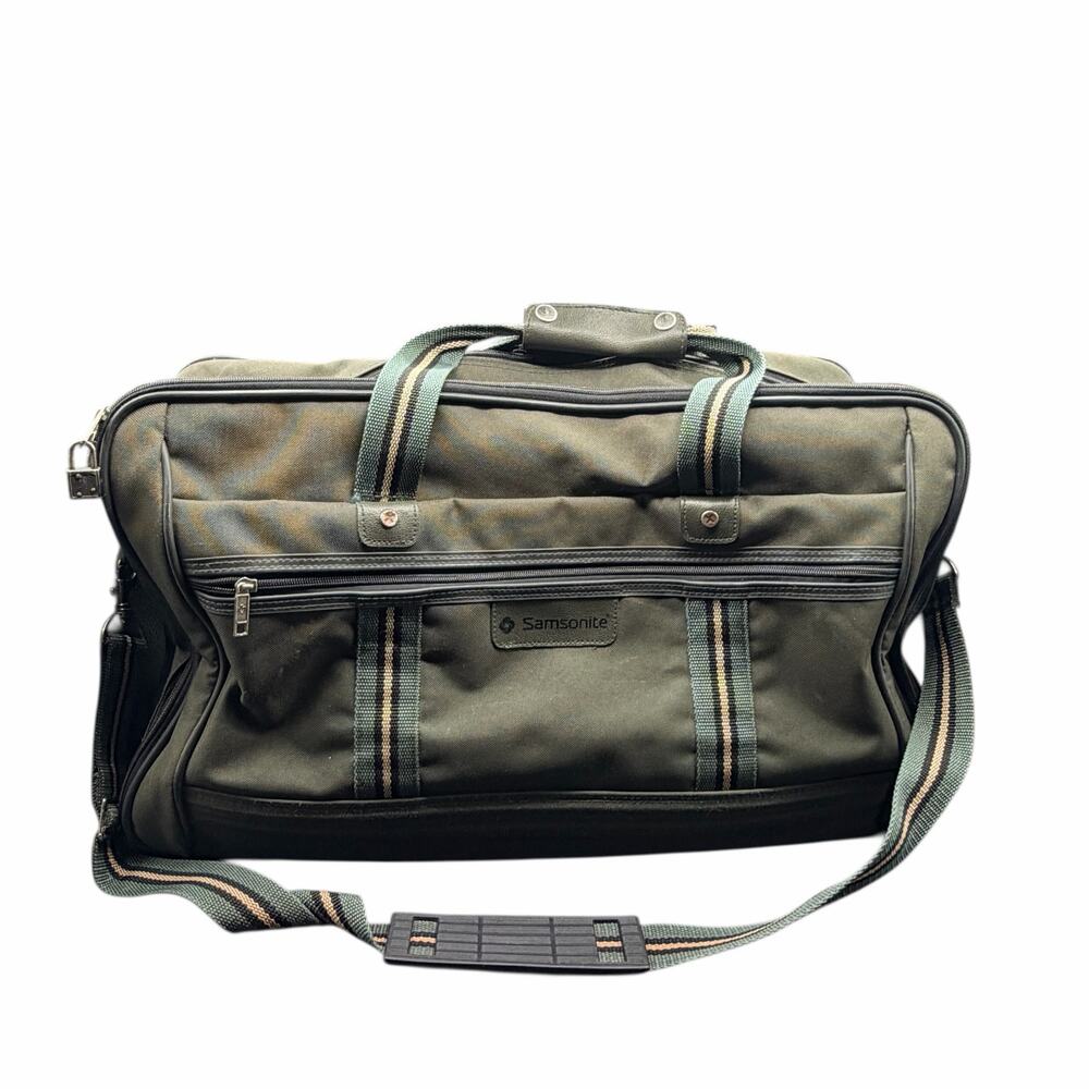 Samsonite Vintage Olive Green Duffel Weekender Travel Bag w Shoulder Strap